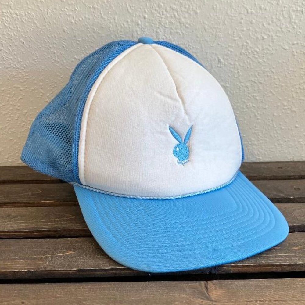 Y2K Playboy Light Blue/White Embroidered Logo Snap Back Trucker Hat One Size
